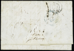 N°5, 40c orange,paire (touchée) OBL grille + T15 "Ribeauville (66)" (1850) sur lettre pour Calder Vale (Grande-Bretagne). Belle présentation. TB. Cote 1700€