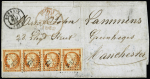 N°5, 40c orange, bande de 4, touchée OBL PC 2737 + T15 "Roubaix (57)" (1852) sur lettre pour Manchester (GB) spectaculaire et propre, cote 6000€