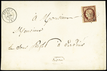 N°6, 1F carmin, légèrement touché en bas à droite, OBL PC 1222 + T15 "Etreux (2)" (1852) seul sur lettre pour Vervins, très propre