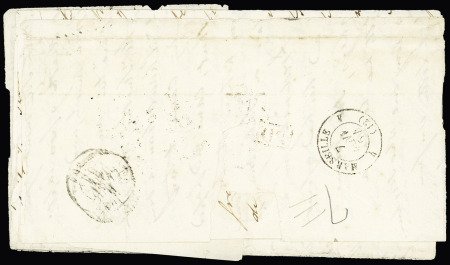 N°6, 1F carmin, touché, OBL PC 2388 + T15 "Pau (64)" (1854) pour Peshawar (Inde anglaise) avec OBL linéaire de transit de Bombay au recto, destination rare