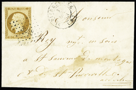 N°9, 10c bistre, au filet à gauche, OBL PC 3248 + T15 "St Pierreville" (1853) sur lettre. B/TB. Cote 1100€