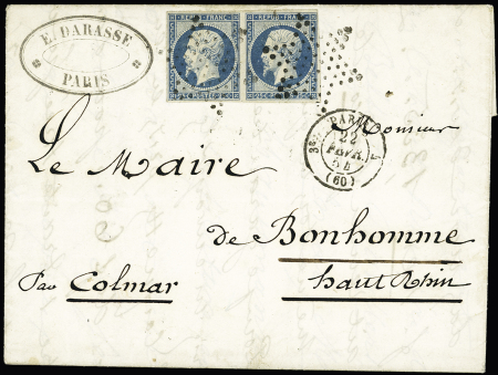 N°10 en paire(TB) OBL étoile muette + CAD "3e Paris 5 (60)" (1854) sur lettre pour Bonhomme par Colmar. TB. Cote 325€