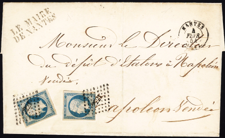  N°10, 2 pièces (1ex TB, 1 ex leg touché) OBL PC 2221 + T15 Nantes (1854) sur lettre avec griffe "Le maire de Nantes" pour Napoléon-Vendée. TB