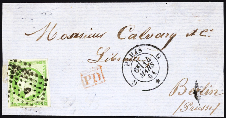 N°12, 5c vert, OBL losange de points G + CAD "G Paris G" (1861) sur devant de lettre pour Berlin. TB
