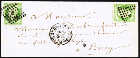 N°12, 2 pièces, OBL losange de points G + CAD "5e diston G" (1861) sur lettre locale pour Bercy. TB