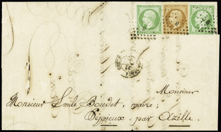 N°12, 2 pièces (1 ex touché) + n°13 OBL losange de points "BC" (ambulant Bordeaux à Cette) (1863) sur lettre, bel AFF composé