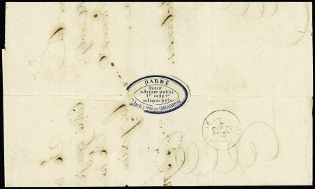N°12, 2 pièces (1 ex touché) + n°13 OBL losange de points "BC" (ambulant Bordeaux à Cette) (1863) sur lettre, bel AFF composé