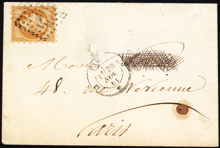 N°13, 10c bistre, type 1, piquage Susse, OBL losange de points "J" + CAD J Paris J" (1861) sur lettre locale (nom du destinataire rayé), cote 600€