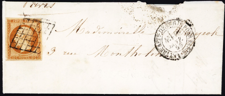 N°13 OBL grille + CAD "Lettre AFFie de Paris pour Paris" (1855) sur lettre. TB