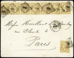 N°13, bande de 7 + une pièce OBL PC 1896 + CAD "Philippeville bat à vap" (1860) (Salles n°497A - CAD cassé) sur lettre pour Paris. TB
