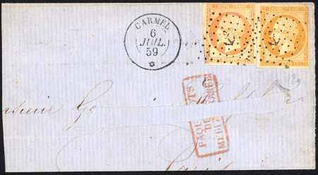 N°13 + 16 OBL ancre + CAD "Carmel *" (1859) sur lettre, nom du destinataire coupé sinon TB