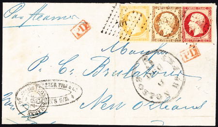 N°13 (touché) + 16 + 17 OBL PC 704 + T15 Chalon-s-Marne (49)" (1855) sur devant de lettre pour la Nouvelle Orléans avec transit Boston. AFF rare