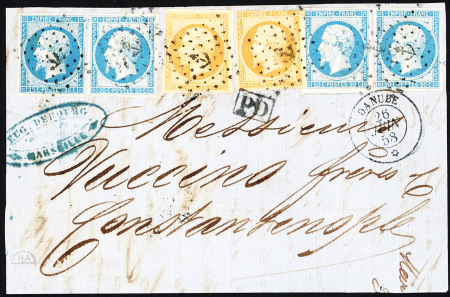 N°13, 2 pièces + 14, 4 pièces OBL ancre + CAD "Danube*" (1858) sur devant de lettre pour Constantinople. TB