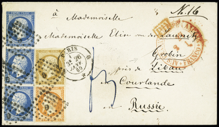 N+13 + 14 bande de 3 verticale + 16 OBL losange de points "D" + CAD "D Paris D" (1860) sur lettre pour Grobin (Russie) avec grand cachet rouge au recto "Aus Frankreich per Aachen franco", quelques exemplaires touchés si