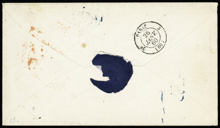 N+13 + 14 bande de 3 verticale + 16 OBL losange de points "D" + CAD "D Paris D" (1860) sur lettre pour Grobin (Russie) avec grand cachet rouge au recto "Aus Frankreich per Aachen franco", quelques exemplaires touchés si