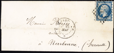 N°14, type 1, piquage Susse, OBL losange de points "E" + CAD "E Paris E" (1861) sur lettre. TB, cote 175€