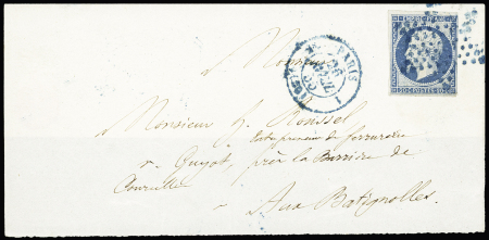 N°14 OBL étoile muette bleue + CAD bleue "2e Paris 1 (60)" (1855) sur devant de lettre avec rabat pour les Batignolles avec arrivée, jolie pièce