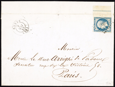 N°14, tyoe 1 grand BDF à droite avec filet d'encadrement (pli d'archive sur le BDF) + T15 "Corte (19)" (1855) sur lettre. TB