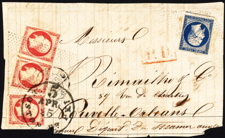 N°14 + n°17A, 3 pièces (touchées) OBL roulette de pointillés de Paris sur devant de lettre pour la Nouvelle Orléans, B