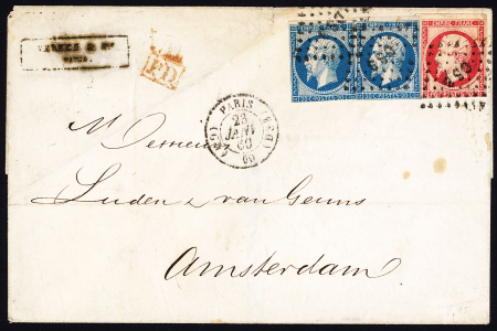 N°14, 2 pièces + 17A, leg touchés, OBL losange de points D3 + CAD "(GN) Paris (DS3) 60" (1860) sur lettre pour Amsterdam. Bonne qualité