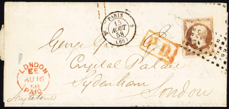 N°16, 40c orange, touhé à droite, OBL rouleau de gros points + T15 "3e Paris 3 (60)" (1858) sur lettre pour Londres avec CAD d'arrivée au verso. TB