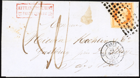 N°16, 40c orange, nuance vive, leg touché OBL rouleau de gros points + CAD "2e Paris 3 (60)" (1857) sur lettre pour les Pays-Bas avec taxe manuscrite. TB