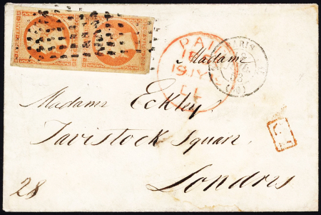 N°16 en paire verticale (1 ex touché) OBL rouleau de gros points + CAD "2e Paris 15 (60)" (1863) sur lettre pour Londres avec CAD d'arrivée rouge au recto. TB