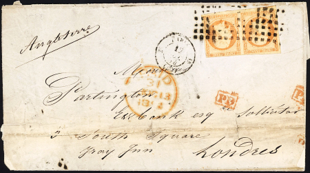 N°16 en paire horizontale OBL rouleau de gros points + CAD "2e Paris 15 (60)" (1854) sur lettre pour Londres avec CAD d'arrivée rouge au recto, B/TB