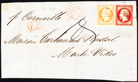 N°16 + 17A OBL PC 1495 (faible) + T15 rouge "Bureau maritime Le Havre" (1855) + "PP" encadré rouge sur devant de lettre pour Montevideo, B