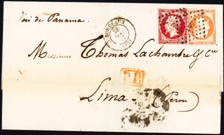 N°16 (touché) + 17A (TB) OBL PC 441 + T15 Bordeaux (1857) sur lettre pour Lima (Pérou). TB