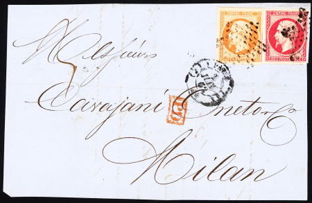 N°17B (touché à droite) + 16 (TB) OBL étoile muette + CAD "(J) Paris (J) 60" (1862) sur devant de lettre pour Milan. TB