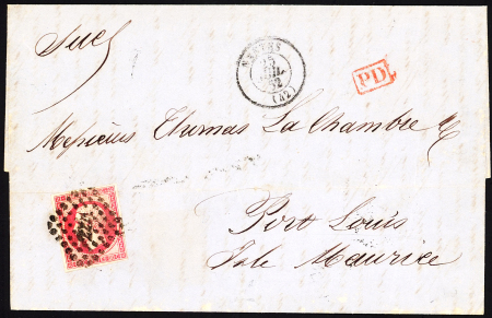 N°17B, 80c rose OBL PC 2221 + T15 Nantes (42)" (1852) sur lettre pour Port-Louis (Ile Maurice). TB