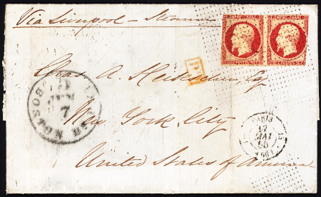 N°17A, 80c carmin en paire (l'ex de droite touché) OBL roulette de pointillés + T15 "1e Paris 15 (60)" (1859) sur lettre avec CAD de transit Boston au recto. TB