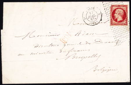 N°17, petits défauts, OBL roulette de pointillés + CAD "3e Paris 3 (60)" (1857) sur lettre pour Bruxelles avec arrivée au verso. TB
