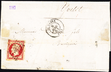 N°18, 1F carmin, def, OBL PC 1495 + T15 "Le Havre (74)" (1854) sur lettre pour Yvetot, cote 6500€