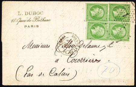 N°20, 5c vert, 2 paires OBL étoiles 1 + CAD "Paris PL de La Bourse" (1870) sur lettre pour Courrières (Pas de Calais). TB