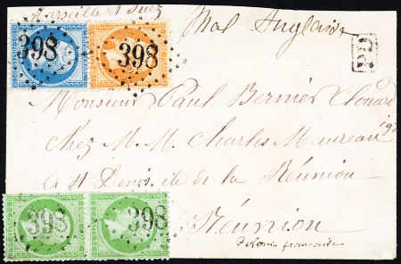 N°20 en paire (def) + 22 + 23 OBL GC 398 sur lettre pour Saint-Denis (Ile de la Réunion), bel AFF tricolore