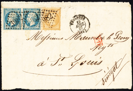 N°21 + 22 en paire OBL GC 3982 + T15 Toulouse (1867) sur devant de lettre pour Saint-Louis du Sénégal, bonne destination. TB