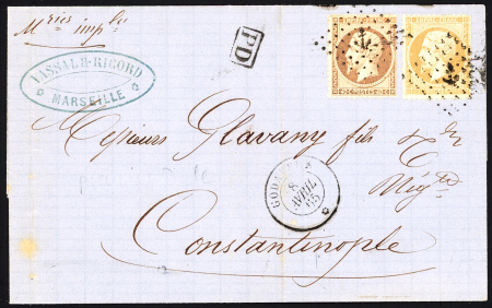 N°21 + 23 OBL ancre + CAD de paquebot "Godavery*" (1865) sur lettre pour Constantinople. TB