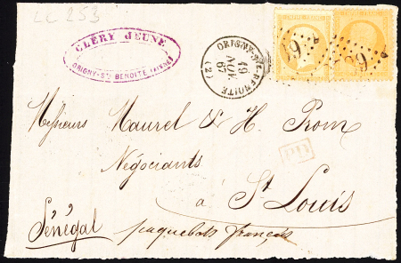 N°21 + 23 OBL GC 2739 + T16 "Origny Ste Benoite (2)" (1867) sur devant de lettre pour Saint-Louis du Sénégal. TB