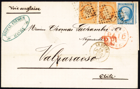 N°22 + 23 en paire (1 ex LD) OBL GC 1769 + T15 Le Havre (1867) sur lettre pour Valparaiso (Chili) avec CAD rouge de transit de Londres au recto. TB