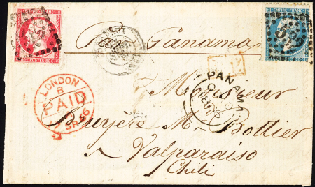 N°22 + 24 OBL GC 532 + T15 Bordeaux (1866) sur devant de lettre pour Valparaiso avec transits Londres et Panama au recto. TB