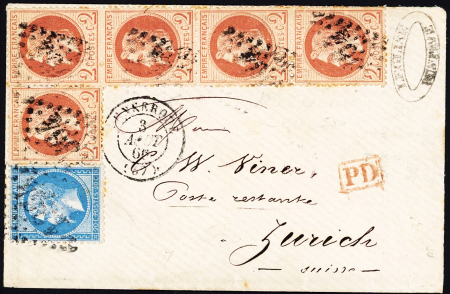 N°22 + 26, bande de 4 + 1 pièce OBL GC 1364 + T15 "Dunkerque (57)" (1866) sur une petite lettre pour Zurich. TB