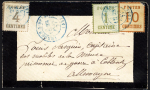 Alsace-Lorraine n°1 + 3 + 5 OBL CAD T17 bleu "Verdun-s-Meuse (53)" (1871) sur enveloppe de deuil pour un prisonnier en Allemagne. RR, B/TB