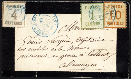 Alsace-Lorraine n°1 + 3 + 5 OBL CAD T17 bleu "Verdun-s-Meuse (53)" (1871) sur enveloppe de deuil pour un prisonnier en Allemagne. RR, B/TB