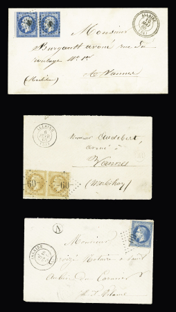 3 lettres : n°14 en paire (touchée) OBL PC 46 + T22 "Allaire (54)" (1860) - n°28 en paire OBL GC 60 + T15 "Allaire (54)" (1868) et n°69 OBL GC 60 + T17 "Allaire (54)" (1870) + boite rurale "A", ind 13, 8 et 8. TB