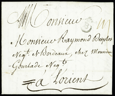 Auray : marque manuscrite "Deb d'Auray" (Lenain n°6 - 1775), ind 20. Rare et TB