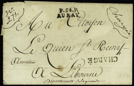  "P 54 P" (21x8mm - An 9) + griffe "chargé" + mention manuscrite "chargé n°273" - association non signalée. TB