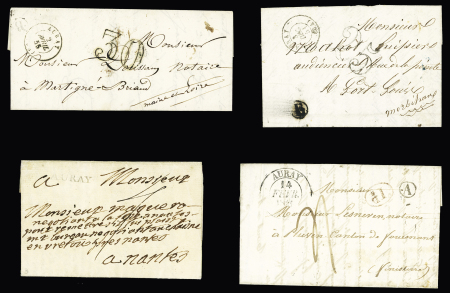 4 plis : "Auray" (L n°3 - 1759) avec taxe 4 manuscrite - T13 Auray (1841) + boite rurale "A" de Pluvigner et décime rural - T15 Auray (1851) + BR "B" (Etel) et taxe 25 double-trait - T15 Auray (1855) + BR "B" de Locmar