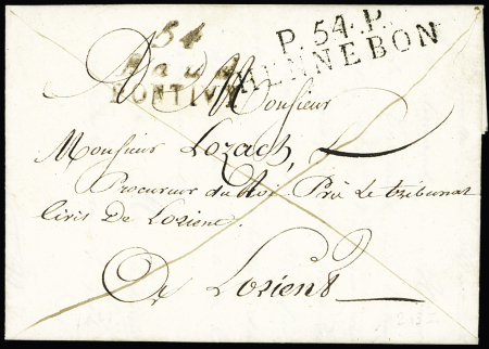 Baud : cursive "54 Baud Pontivy" + MP "P 54 P Hennebon" très belle et rare association, ind 21